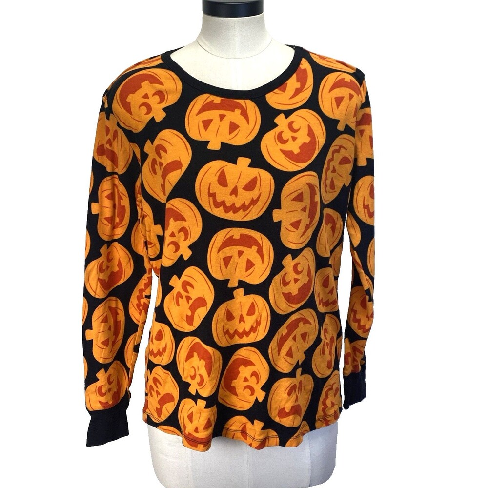 Halloween Pumpkin Pajama Long Sleeve Top - Black-Orange (Large)